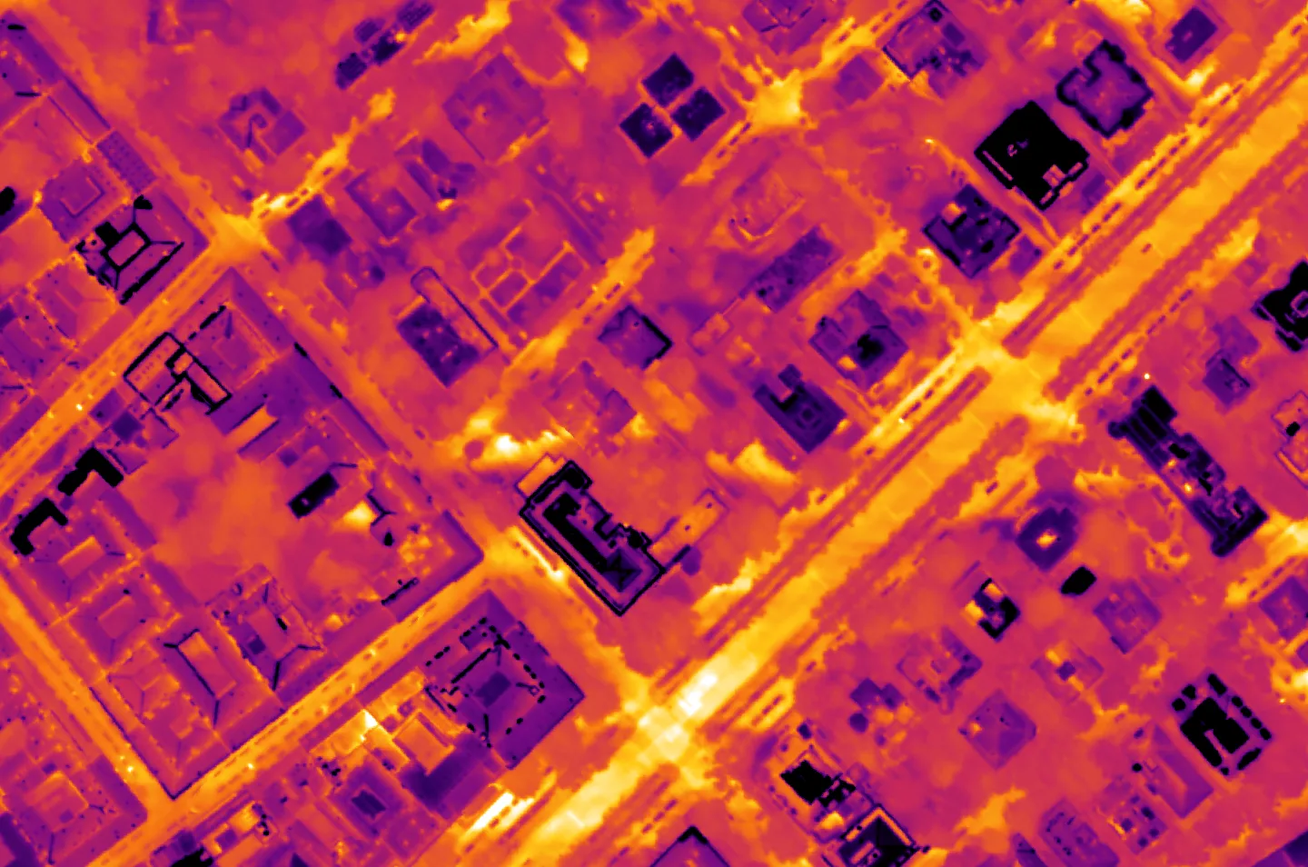 Thermal map of a drone survey area, colour-coded by surface temperature